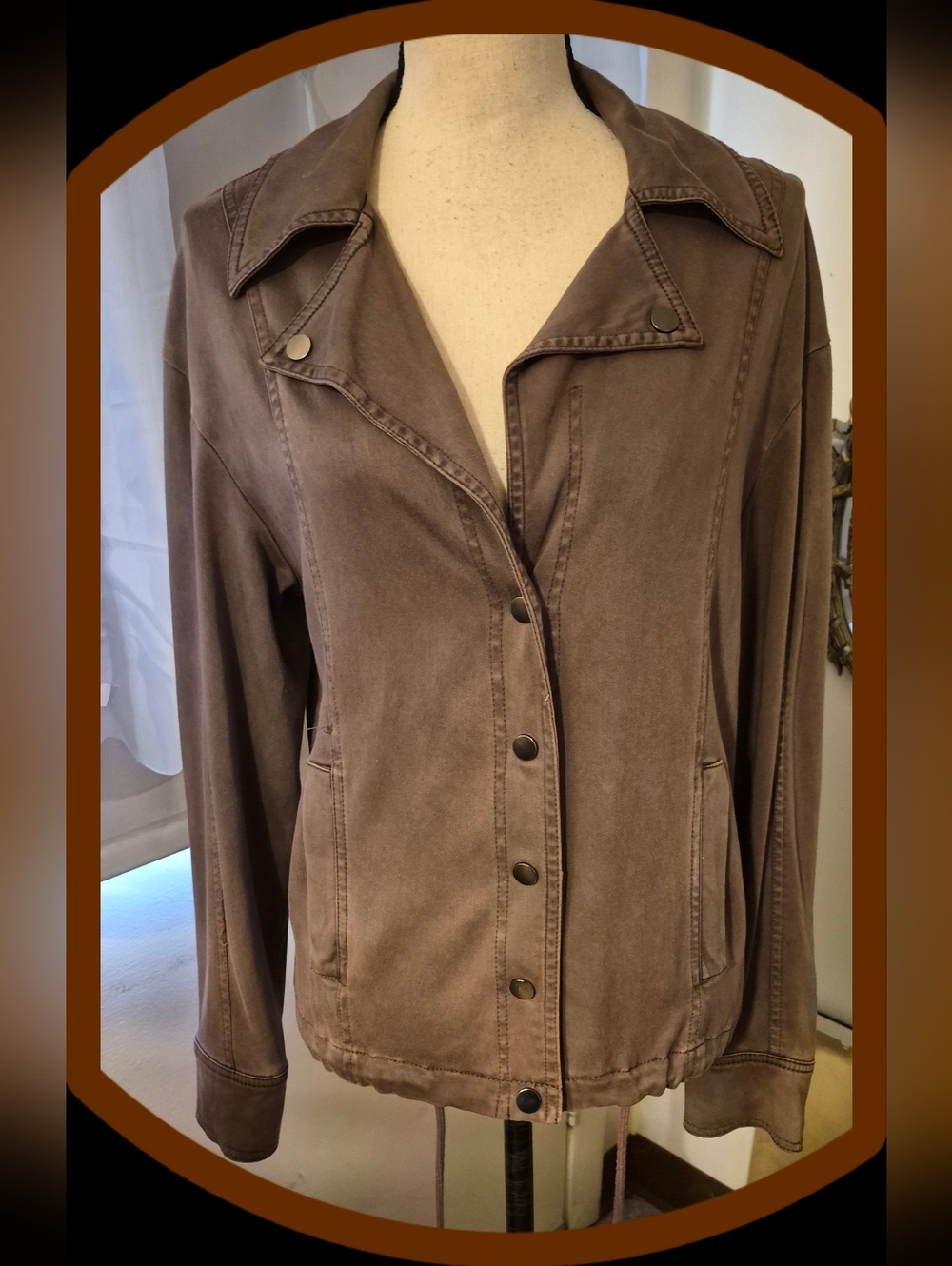 Nichole Miller NY Brown Snap Front Utiliry Jacket w/Adj Drawstring & Pockets